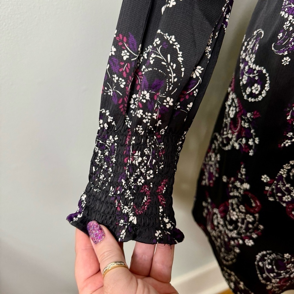 LOFT Paisley Smocked Flared Long Sleeve Floral Dress Black Purple White 8 - Picture 7 of 13